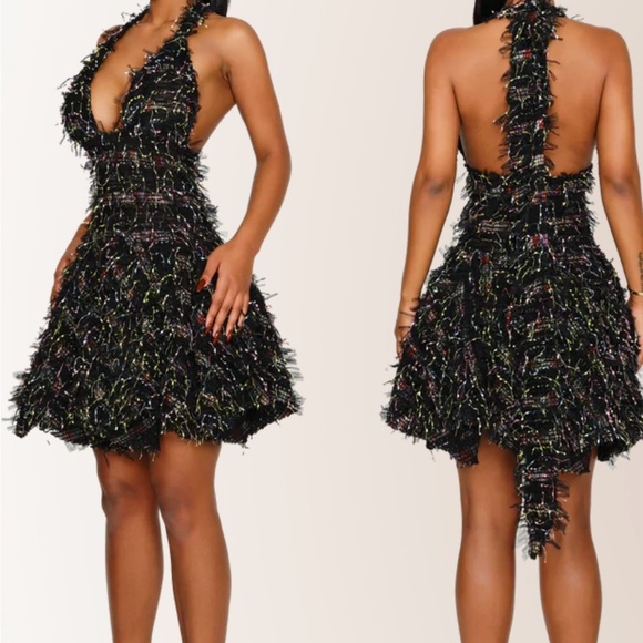 Black and Multicolor Textured Halter dress - Picture 3 of 4